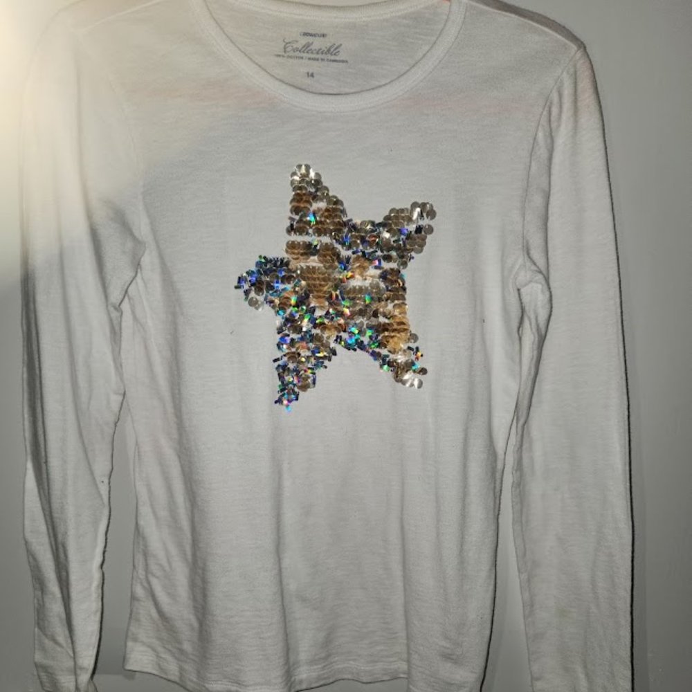 Girls Long Sleeve White Top with Star Sequin Detail